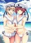  2girls :d anchor ass_visible_through_thighs bangs bare_shoulders beach bikini bikini_skirt blue_eyes blue_sky blush bow breasts brown_eyes brown_hair clothes_writing cloud collarbone commentary_request cowboy_shot day eyebrows eyebrows_visible_through_hair hat hat_bow holding_hands horizon kantai_collection kyougoku_shin looking_at_viewer multiple_girls navel ocean open_mouth outdoors red_eyes red_hair sailor_bikini sailor_collar sailor_hat sand short_hair side-tie_bikini silver_hair sky small_breasts smile standing swimsuit water white_bikini white_headwear white_sailor_collar z1_leberecht_maass_(kantai_collection) z3_max_schultz_(kantai_collection) 
