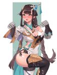  1girl asymmetrical_clothes asymmetrical_legwear bangs bare_shoulders black_legwear blush braid breasts brown_hair cleavage collarbone dress elbow_gloves gauntlets gloves granblue_fantasy green_eyes hair_ornament hairpin hands_up highres knee_up large_breasts long_hair looking_at_viewer open_mouth pm_tii_(matuko1024) shura_(granblue_fantasy) sidelocks single_pantsleg single_thighhigh solo thighhighs thighs twin_braids white_dress 