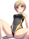  1girl aiba_yumi arm_support ass black_swimsuit blonde_hair blush breasts brown_eyes closed_mouth commentary_request covered_navel eyebrows_visible_through_hair feet_out_of_frame idolmaster idolmaster_cinderella_girls looking_at_viewer medium_breasts one-piece_swimsuit partially_visible_vulva pataniito short_hair simple_background sitting solo spread_legs swimsuit white_background 