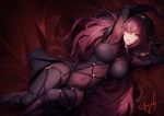  1girl arms_up bangs bodysuit breasts covered_navel fate/grand_order fate_(series) hair_intakes kyouya_(mukuro238) large_breasts long_hair looking_at_viewer lying on_back open_mouth pauldrons purple_bodysuit purple_hair red_eyes scathach_(fate)_(all) scathach_(fate/grand_order) solo thighs veil 
