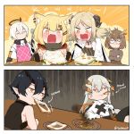  2boys 4girls arknights blush burnt_food demon_horns dragon_horns eating english_text executor_(arknights) flamebringer_(arknights) food food_in_mouth fork french_fries fried_egg halo hamburger highres horns ifrit_(arknights) knife mouth_hold multiple_boys multiple_girls owl_ears sandwich saria_(arknights) sashacall silence_(arknights) smile spatula toast toast_in_mouth vermeil_(arknights) 