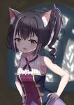  1girl animal_ear_fluff animal_ears bangs bare_arms bare_shoulders black_hair blurry blurry_background breasts cat_ears commentary_request depth_of_field eyebrows_visible_through_hair fang green_eyes grey_hair hair_between_eyes hands_on_hips indoors kyaru_(princess_connect!) multicolored_hair open_mouth ponytail princess_connect! princess_connect!_re:dive purple_skirt satori_(ymoy) shirt skirt sleeveless sleeveless_shirt small_breasts solo streaked_hair upper_body white_shirt window 