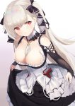 1girl azur_lane bangs bare_shoulders between_breasts black_dress blush breasts cleavage collarbone dress earrings formidable_(azur_lane) frilled_dress frills grey_hair hair_ribbon highres jewelry large_breasts long_hair looking_at_viewer red_eyes ribbon shimozuki_shio solo twintails two-tone_dress two-tone_ribbon very_long_hair 