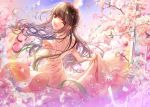  1girl :d braid brown_eyes brown_hair butakimuchi cherry_blossoms day dress droplet looking_back open_mouth outdoors smile spinning twilight white_dress 