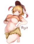  1girl absurdres animal_ears areola_slip areolae barefoot blonde_hair breasts brown_headwear bunny_ears floppy_ears full_body hat highres large_breasts looking_at_viewer no_bra no_panties orange_eyes orange_shirt ringo_(touhou) shirt short_hair short_sleeves shorts simple_background sleeping_ear smile solo touhou underboob white_background yellow_shorts 