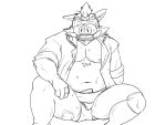  2016 4:3 anthro belly blush humanoid_hands kemono male mammal monochrome moobs navel nipples oogamikennta overweight overweight_male simple_background sitting solo suid suina sumo sus_(pig) white_background wild_boar 