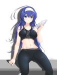  1girl against_wall blue_eyes blue_hair bottle breasts cable chaesu earbuds earphones hairband highres listening_to_music long_hair looking_at_viewer medium_breasts midriff orie_(under_night_in-birth) pants shadow sitting solo sports_bra sweat toned under_night_in-birth water_bottle white_hairband yoga_pants 