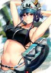  1girl absurdres alternate_hairstyle aratake arknights armpits arms_up bangs bare_arms bare_shoulders baseball_cap bikini black_bikini blue_hair blue_sky breasts ch&#039;en_(arknights) commentary_request day dragon_horns dragon_tail folded_ponytail hair_between_eyes hat heart highleg highleg_bikini highres horns horns_through_headwear long_hair looking_at_viewer medium_breasts navel ocean outdoors pink_eyes pouch sidelocks sky solo stomach swimsuit tail upper_body water 