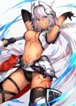  1girl abs animal_ears bangs bikini black_bikini black_gloves black_legwear blue_eyes body_markings breasts caenis_(fate) cape dark_skin elbow_gloves fate/grand_order fate_(series) faulds gloves hair_intakes headpiece highleg_bikini_bottom highres large_breasts long_hair looking_at_viewer metindone navel parted_lips pauldrons polearm ponytail red_cape solo spear swimsuit tattoo thigh_gap thighhighs waist_cape weapon white_background white_hair 