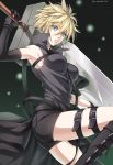  1girl arm_up armpits bangs black_footwear black_gloves blonde_hair boots breasts buster_sword cloud_strife commentary_request elbow_gloves eyelashes feet_out_of_frame final_fantasy final_fantasy_vii genderswap genderswap_(mtf) gloves hair_between_eyes high_collar highres holding holding_sword holding_weapon knee_boots looking_at_viewer medium_breasts ribbed_shirt shirt short_shorts shorts sidelocks sleeveless solo sword thigh_strap thighs twitter_username weapon 