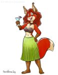  2019 anthro canid canine coconut_bra collar dipstick_tail female fox fur gloves_(marking) grass_skirt hair hi_res hybrid mammal markings multicolored_tail navel red_body red_fur red_hair rodent sciurid solo toonfx tree_squirrel 