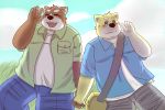  2011 3:2 anthro belly blush bottomwear brown_body brown_fur canid canine canis clothing domestic_dog duo eyes_closed fur hand_holding hi_res kemono kumamikan male male/male mammal outside overweight overweight_male pants shirt topwear ursid 
