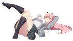  1girl absurdres arm_behind_head ass black_skirt blazer blush breasts darling_in_the_franxx full_body green_eyes grey_jacket hairband hand_on_own_chest highres horns jacket kneehighs leg_up long_hair long_sleeves lying medium_breasts miniskirt on_back oni_horns open_clothes open_jacket panties parted_lips pink_hair pink_panties pleated_skirt red_horns rizuta school_uniform shirt simple_background skirt solo straight_hair thighs underwear very_long_hair white_background white_hairband white_shirt zero_two_(darling_in_the_franxx) 