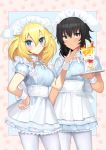  2girls alternate_costume andou_(girls_und_panzer) animal_ears black_hair blonde_hair blue_background blue_dress blue_eyes blush breasts brown_eyes closed_mouth cowboy_shot dark_skin dress enmaided fake_animal_ears floral_print food food_themed_background fruit girls_und_panzer hand_on_another&#039;s_cheek hand_on_another&#039;s_face hand_up holding holding_tray ice_cream looking_at_viewer maid medium_breasts multiple_girls neck_ribbon oshida_(girls_und_panzer) pantyhose print_dress puffy_short_sleeves puffy_sleeves ribbon short_hair short_sleeves strawberry strawberry_background sundae tan3charge tray v-shaped_eyebrows white_legwear white_neckwear white_ribbon wrist_cuffs yuri 