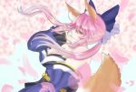  1girl animal_ear_fluff animal_ears artist_request bare_shoulders blue_kimono blue_ribbon breasts cherry_blossoms cleavage commentary commentary_request detached_sleeves eyebrows_visible_through_hair fate/extella fate/extra fate/grand_order fate_(series) fox_ears fox_girl fox_tail hair_ribbon hand_in_hair highres japanese_clothes kimono large_breasts light_smile looking_away pink_hair ribbon solo tail tamamo_(fate)_(all) tamamo_no_mae_(fate) yellow_eyes 