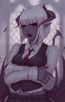  bangs biting black_skin black_wings blunt_bangs blurry blurry_background breast_hold breasts crossed_arms demon_girl demon_tail english_commentary feathered_wings feathers horns lip_biting lips looking_at_viewer low_wings medium_breasts navel necktie original pointy_ears red_eyes shirt short_hair soranamae succubus tail waistcoat white_hair white_shirt wings 