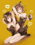  2girls animal_ears armpits arms_up awa_(12687414) breasts brown_gloves brown_hair brown_leotard cleavage collarbone diane_(nanatsu_no_taizai) fake_animal_ears full_body gloves heart high_heels kneeling large_breasts leotard long_hair multiple_girls nanatsu_no_taizai paw_gloves paws red_eyes sitting sketch strapless strapless_leotard tail twintails wariza wolf_ears wolf_tail yellow_background 