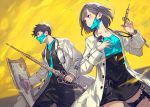  1boy 1girl arms_up black_hair black_pants black_skirt blue_neckwear breasts cleavage closed_mouth collarbone commentary_request doctor dress grey_hair highres holding holding_shield holding_syringe holding_weapon kusano_shinta labcoat lips long_sleeves looking_to_the_side mask mouth_mask necktie neckwear original pants red_eyes shield short_hair simple_background skirt syringe thigh_strap weapon yellow_background 