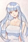  1girl absurdres blue_hair breasts collarbone dress head_tilt highres kula_diamond long_hair murata_tefu solo the_king_of_fighters traditional_media upper_body watercolor_pencil_(medium) white_dress 