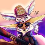  1:1 2020 absurd_res aggressive_retsuko anthro baseball_bat bat_(object) brown_body brown_fur canid canine cellphone clothed clothing disney duo eyewear fennec fenneko finnick fox fully_clothed fur hat headgear headwear hi_res holding_cellphone holding_object holding_phone inner_ear_fluff jaff96 mammal phone sanrio simple_background sunglasses tan_body tan_fur tuft zootopia 