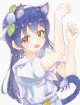  1girl animal_ears bangs blue_hair blush cat_ears cat_tail commentary_request eyebrows_visible_through_hair hair_between_eyes highres kemonomimi_mode long_hair looking_at_viewer love_live! love_live!_school_idol_project omoi_seiji open_mouth paw_pose short_sleeves simple_background solo sonoda_umi tail white_background yellow_eyes 