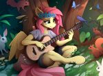  2020 acoustic_guitar ambiguous_gender anthro avian bird bottomwear clothing equid equine female fluttershy_(mlp) friendship_is_magic group guitar hi_res mammal musical_instrument my_little_pony pegasus plucked_string_instrument rodent scenery sciurid shirt shorts string_instrument topwear tree_trunk wings yakovlev-vad 