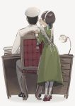  1boy 1girl admiral_(kantai_collection) apron desk from_behind kantai_collection kasuga_maru_(kantai_collection) maid_apron maid_dress maid_headdress tiptoes whispering yamashiki_(orca_buteo) 