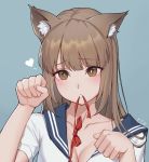  1girl animal_ear_fluff animal_ears bangs blue_background blue_sailor_collar blush bow breasts brown_eyes brown_hair cat_ears cat_girl chun_zhuan cleavage eyebrows_visible_through_hair fang heart highres long_hair medium_breasts mouth_hold off_shoulder original parted_lips paw_pose red_bow sailor_collar school_uniform serafuku shirt short_sleeves slit_pupils upper_body white_shirt 