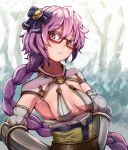  1girl :/ bow braid braided_ponytail breasts day glasses hair_bow highres long_hair looking_at_viewer niconicotin outdoors purple_eyes purple_hair reshia_(sennen_sensou_aigis) sennen_sensou_aigis small_breasts solo upper_body very_long_hair 