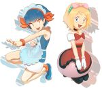  2girls :d blonde_hair blue_eyes blue_hair breasts gloves hairband looking_at_viewer millefeui_(pokemon) multiple_girls nyonn24 open_mouth pokemon pokemon_(anime) pokemon_xy_(anime) serena_(pokemon) short_hair simple_background sleeveless smile white_background white_gloves 
