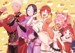  1boy 4girls animal_ears apron archer arm_pump bell bell_collar benienma_(fate/grand_order) boudica_(fate/grand_order) breasts collar dark_skin dark_skinned_male fang fate/grand_order fate/stay_night fate_(series) food_background fox_ears fox_tail gloves highres large_breasts minamoto_no_raikou_(fate/grand_order) multiple_girls navel one_eye_closed paw_gloves paws pink_hair ponytail purple_hair red_hair smile tail takashi_(onikukku) tamamo_(fate)_(all) tamamo_cat_(fate) white_hair wide_sleeves 