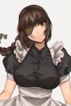  1girl alternate_costume apron braid breasts brown_eyes brown_hair enmaided eyepatch facial_scar girls_frontline highres large_breasts light_smile m16a1_(girls_frontline) maid maid_apron scar solo upper_body white_background xanax025 