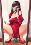  1girl black_hair blue_eyes blush breasts cellphone cleavage commentary_request dildo dress earrings eyebrows_visible_through_hair high_heels highres holding holding_phone implied_masturbation indoors jewelry large_breasts long_hair long_sleeves looking_at_viewer mirror neko_neko_koneko original pelvic_curtain phone pussy_juice red_dress red_footwear red_nails self_shot shoulder_cutout smartphone solo spread_legs squatting wooden_floor 