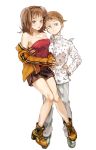 1boy 1girl awa_(12687414) boots breasts brown_eyes brown_hair brown_skirt cleavage couple diane_(nanatsu_no_taizai) dress_shirt full_body grey_pants hand_on_hip highres king_(nanatsu_no_taizai) large_breasts long_hair long_sleeves looking_at_viewer miniskirt nanatsu_no_taizai pants pleated_skirt print_shirt red_eyes shirt simple_background skirt strapless twintails white_background white_shirt 