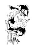  1girl apron black_dress book bow braid chair dress eyebrows_visible_through_hair frilled_dress frills hair_bow hat hat_bow kirisame_marisa long_hair monochrome natsume_(menthol) paper puffy_sleeves quill sash shoes short_sleeves side_braid single_braid sitting touhou waist_apron white_background white_bow witch_hat writing 