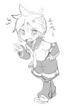  1boy anger_vein angry arm_warmers bass_clef belt chibi commentary fang full_body hand_on_hip kagamine_len leg_warmers male_focus monochrome necktie open_mouth pointing sailor_collar school_uniform short_ponytail short_sleeves shorts sketch solo spiked_hair sudachi_(calendar) sweat translated v-shaped_eyebrows vocaloid 