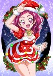  1girl :d arm_up ass_visible_through_thighs bangs bow breasts choker christmas cleavage collarbone cowboy_shot detached_sleeves dress fur-trimmed_dress fur-trimmed_headwear fur_trim green_bow hanzou hat hat_bow highres hugtto!_precure layered_dress leaning_forward long_hair looking_at_viewer medium_breasts nono_hana open_mouth panties pantyshot pink_eyes pink_hair pink_panties precure red_dress red_headwear red_sleeves ribbon_choker santa_costume santa_hat shiny shiny_hair short_dress short_sleeves sleeveless sleeveless_dress smile snowflakes solo standing strapless strapless_dress thigh_gap underwear wrist_cuffs 
