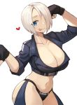  1girl absurdres angel_(kof) bangs black_gloves black_panties blue_eyes blue_jacket blue_legwear blush breasts cleavage collarbone cropped_jacket fingerless_gloves gloves hair_over_one_eye heart highres jacket large_breasts leather leather_jacket looking_at_viewer navel panties short_hair simple_background sleeves_rolled_up smile solo sookmo the_king_of_fighters thighs tongue tongue_out underwear white_background white_hair 