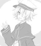 1boy bandage_over_one_eye capelet commentary greyscale hand_up hat jacket looking_at_viewer male_focus monochrome oliver_(vocaloid) open_mouth sailor_hat sleeves_past_wrists smile solo sudachi_(calendar) upper_body vocaloid waving 