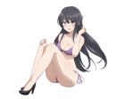  1girl absurdres ass bangs bikini black_footwear black_hair blue_eyes blush breasts bunny_hair_ornament cleavage hair_ornament hairclip hand_on_own_knee high_heels highres invisible_chair long_hair looking_at_viewer medium_breasts open_mouth purple_bikini rizuta sakurajima_mai seishun_buta_yarou shoes side-tie_bikini simple_background sitting smile swimsuit very_long_hair white_background wind 