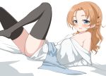  1girl ass black_legwear blue_eyes blush bow braid collarbone eyebrows_visible_through_hair girls_und_panzer hair_bow hair_ornament looking_at_viewer looking_to_the_side lying on_back open_mouth orange_hair orange_pekoe_(girls_und_panzer) rebirth42000 shiny shiny_hair shirt simple_background smile solo thighhighs white_background white_shirt 