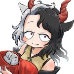  1girl animal_ears avatar_icon bare_shoulders black_hair chamaji cow_ears crop_top eyebrows_visible_through_hair haori holding horns japanese_clothes looking_at_viewer lowres multicolored_hair red_eyes red_horns signature smile solo statue touhou two-tone_hair upper_body ushizaki_urumi white_background white_hair 