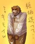  2013 anthro belly blush bodily_fluids brown_body brown_fur cum cum_on_face cum_on_leg fur genital_fluids humanoid_hands japanese_text kemono kumamikan male mammal simple_background slightly_chubby solo text ursid yellow_background 