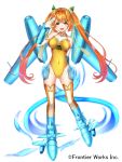  1girl aircraft airplane blue_footwear breasts company_name covered_navel full_body gakuon_(gakuto) gloves hand_up long_hair medium_breasts official_art orange_hair sanzenkai_no_avatar solo standing thighhighs twintails white_background white_gloves 