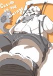  2019 anthro belly blush bottomwear canid canine canis clothing cu_sith_(tas) domestic_dog footwear hi_res humanoid_hands kemono kumamikan male mammal navel overweight overweight_male sandals scarf shorts solo text tokyo_afterschool_summoners video_games 