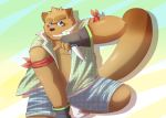  2012 anthro belly blue_eyes bottomwear brown_body brown_fur canid canine clothed clothing fur hi_res humanoid_hands kemono kumamikan male mammal open_shirt overweight overweight_male raccoon_dog shirt shorts solo tanuki topwear weapon 