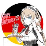 1girl ? blonde_hair blue_eyes candle commentary_request cooking english_text food g36_(girls_frontline) german_flag girls_frontline gloves happy_birthday icing korean_commentary madcore maid maid_headdress sausage skewer solo 