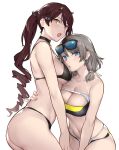  2girls :o arm_around_waist ass bangs bare_arms bare_shoulders bikini black_hair blue-tinted_eyewear blue_eyes blush breasts brown_hair cleavage collarbone drill_hair eyebrows_visible_through_hair eyewear_on_head highres horns large_breasts long_hair looking_at_viewer looking_to_the_side love_live! love_live!_sunshine!! low_twintails multi-strapped_bikini multicolored multicolored_bikini multicolored_clothes multiple_girls navel open_mouth parted_lips ponytail sakurauchi_riko short_twintails sideboob silver_hair simple_background strap_gap strapless strapless_bikini sunglasses surfing_orange swimsuit twintails v-shaped_eyebrows watanabe_you white_background yellow_eyes 