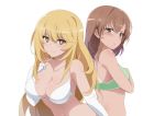  +_+ 2girls back-to-back bangs bikini blonde_hair blush breasts brown_eyes brown_hair collarbone elbow_gloves eyebrows_visible_through_hair frown gloves green_bikini hair_between_eyes hair_ornament hairclip hand_on_own_chest large_breasts long_hair looking_at_viewer looking_back misaka_mikoto multiple_girls rizuta shokuhou_misaki short_hair simple_background smile swimsuit to_aru_kagaku_no_railgun to_aru_majutsu_no_index upper_body white_background white_bikini white_gloves yellow_eyes 