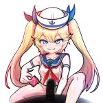 1girl blonde_hair blue_eyes blue_sailor_collar blush censored condom elbow_gloves gloves go_tonguijeomaek grin hat last_origin looking_at_viewer mh-4_thetis penis red_neckwear sailor_collar sailor_hat silhouette simple_background smile solo twintails white_background white_gloves 